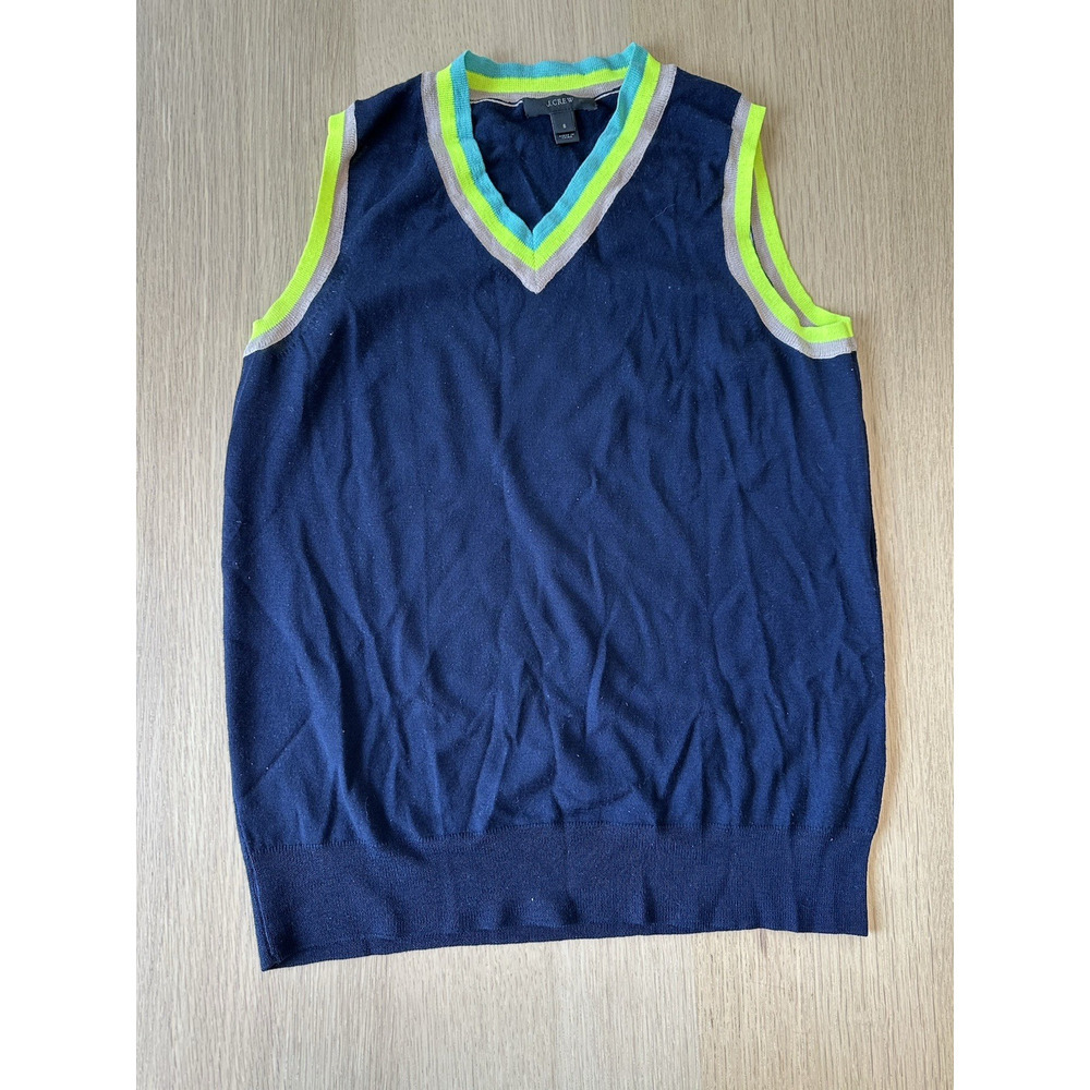 J.Crew Womens navy 100% merino wool vest with neon details Size Small 2628
